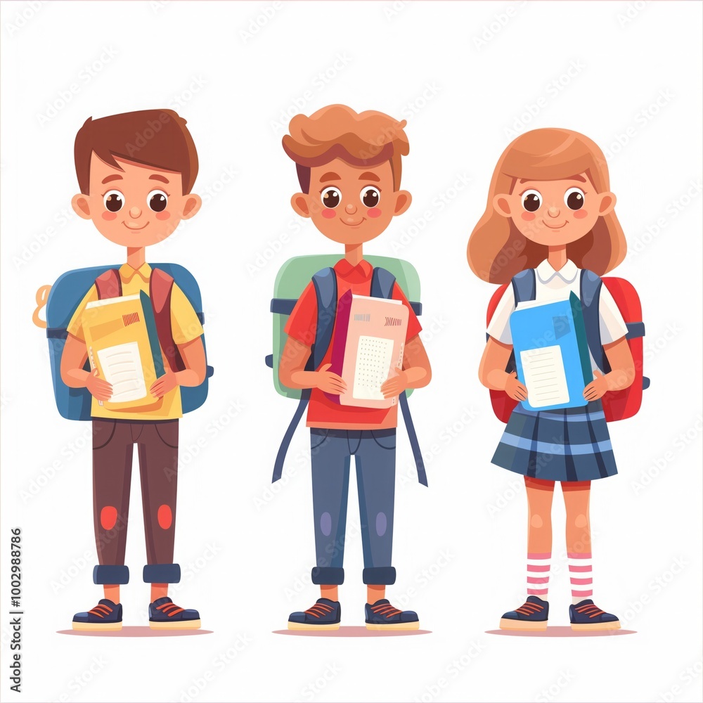 Three children are holding books and backpacks Three children are holding books and backpacks