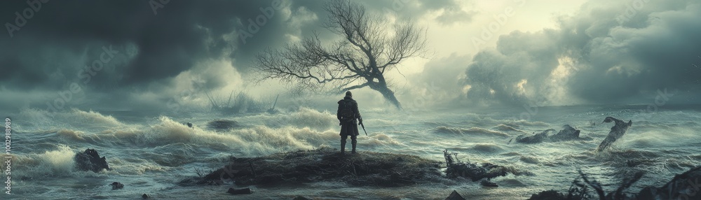 Obraz premium Lone Soldier Standing on Island Amidst Stormy Waters
