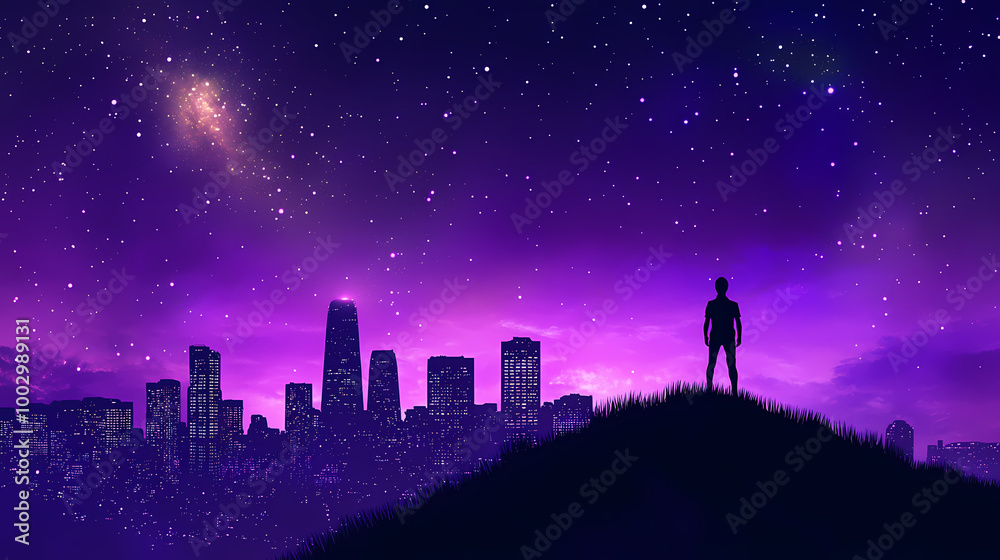 Fototapeta premium Stunning futuristic cityscape at night with purple sky, starry night, and silhouette of a person overlooking the city from a hill. Starry Night Sky. Illustration
