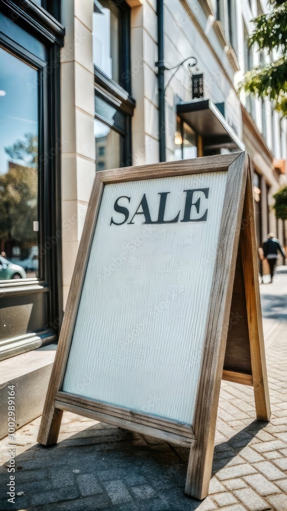 Wooden sale sign with empty space displayed outside a retail shop in a sunny urban setting Wooden sale sign with empty space displayed outside a retail shop in a sunny urban setting