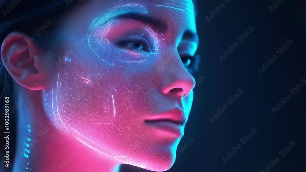 Futuristic led light therapy on woman's face with holographic elements in modern cosmetology of the future Futuristic led light therapy on woman's face with holographic elements in modern cosmetology of the future