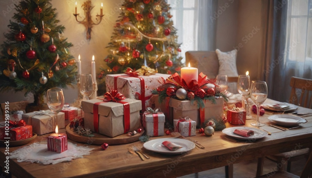 Obraz premium A stunning arrangement of Christmas gifts displayed on a beautifully set table, surrounded by holiday decorations that enhance the festive atmosphere, Generative AI