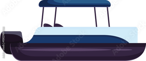 Modern pontoon boat with canopy floating on water side view, flat vector illustration isolated on white background