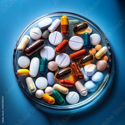 Variety of Pills in a Petri Dish