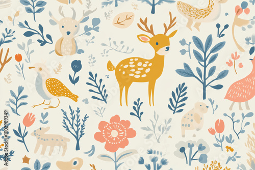 Seamless wallpaper pattern with whimsical hand-drawn animals and nature elements in soft, muted tones for a children's room