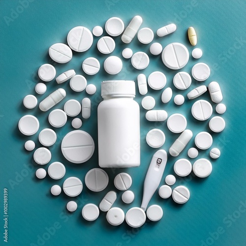 Assorted White Pills Around a Bottle