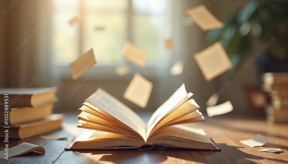 An Open Book with Pages Flying in the Air Surrounded by Blurred Sticky Notes on a Wooden Table - Perfect for Education and Creativity Themes An Open Book with Pages Flying in the Air Surrounded by Blurred Sticky Notes on a Wooden Table - Perfect for Education and Creativity Themes