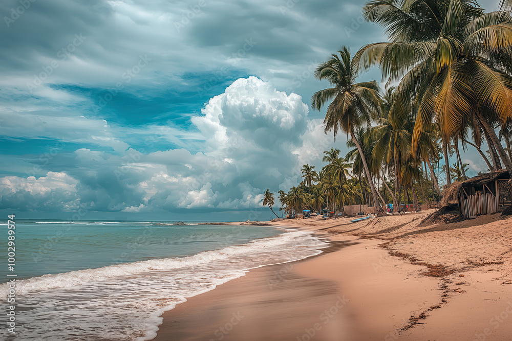 Beach scene with palm trees swaying in the ocean breeze and turquoise waters stretching out to the horizon Beach scene with palm trees swaying in the ocean breeze and turquoise waters stretching out to the horizon