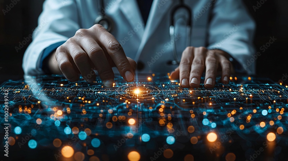 A doctor touches a virtual health icon and electronic medical record, with digital healthcare networks connecting to the global system A doctor touches a virtual health icon and electronic medical record, with digital healthcare networks connecting to the global system