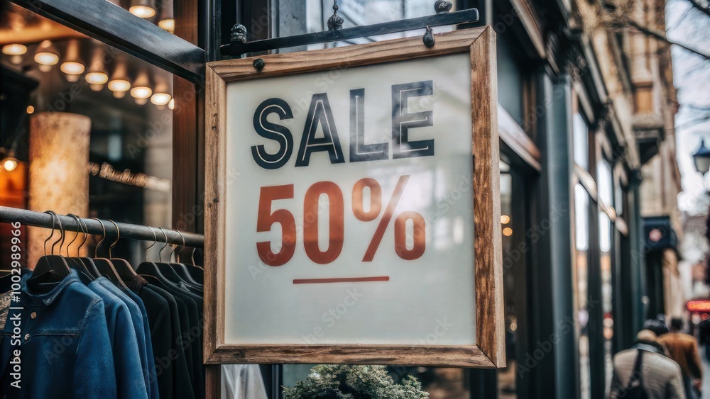 Fototapeta premium Wooden sale sign showing fifty percent discount outside a clothing store in an urban setting