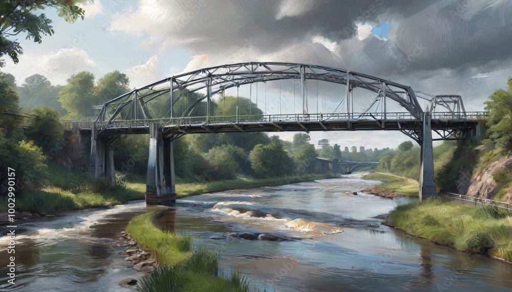 Naklejka premium A powerful image of a brushed steel bridge spanning a river, illustrating the harmony between engineering and nature in a striking urban landscape, Generative AI