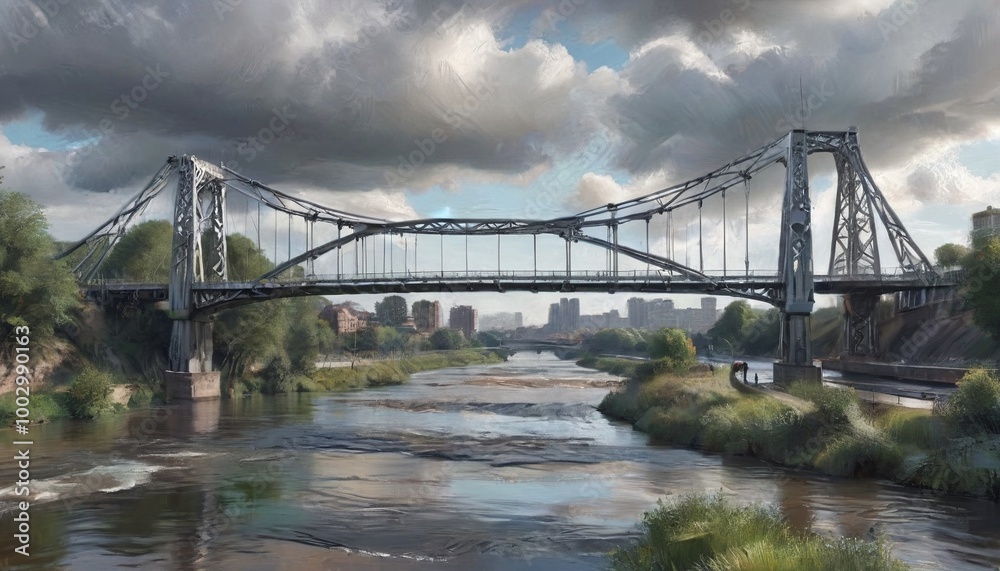 A powerful image of a brushed steel bridge spanning a river, illustrating the harmony between engineering and nature in a striking urban landscape, Generative AI A powerful image of a brushed steel bridge spanning a river, illustrating the harmony between engineering and nature in a striking urban landscape, Generative AI