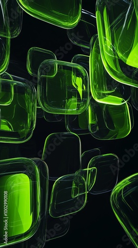Abstract neon green cubes with glossy reflections floating on dark background, futuristic digital art concept