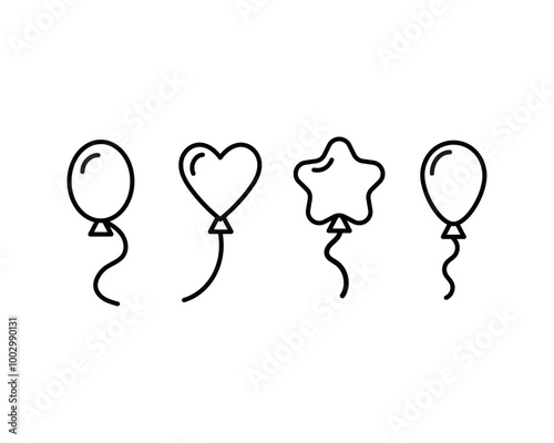 Balloon line icon set. Vector illustration on white background. Rubber balloons in round, stars and heart shapes. Decoration for event, party, birthday, celebration, festival, anniversary, carnival