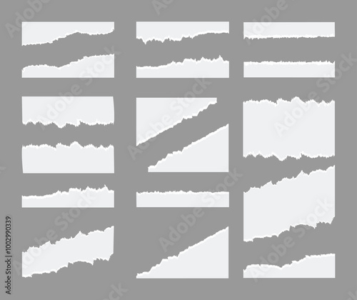 White ripped paper strips collection. Realistic paper scraps with torn edges. Ripped different paper fragments set., shreds of notebook pages. Vector illustration.