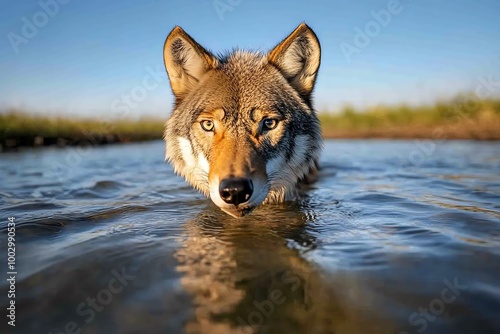 A restored wildlife habitat, with animals like wolves, deer, and birds returning to a once-threatened area, now protected by conservation laws photo