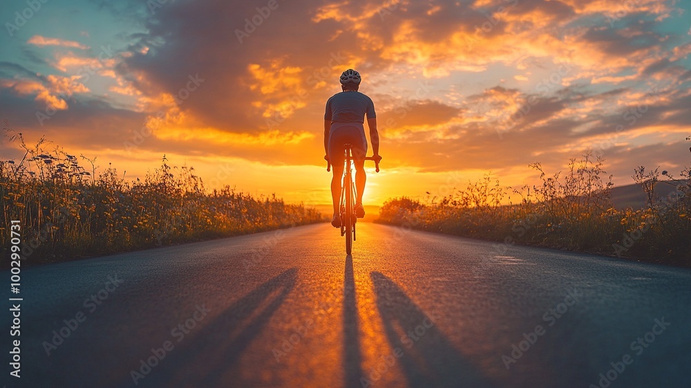 Rear back view of a cyclist man silhouetted against the orange twilight sky, riding on an asphalt road at dusk. Highlights summer outdoor sport activity and healthy lifestyle. Rear back view of a cyclist man silhouetted against the orange twilight sky, riding on an asphalt road at dusk. Highlights summer outdoor sport activity and healthy lifestyle.