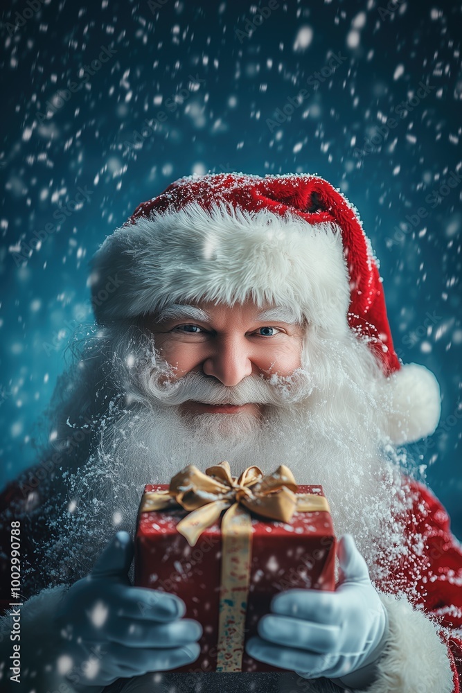 Santa claus with christmas presents in his hands before a frozen blue colored background with snow fall, big editable space over his head Santa claus with christmas presents in his hands before a frozen blue colored background with snow fall, big editable space over his head