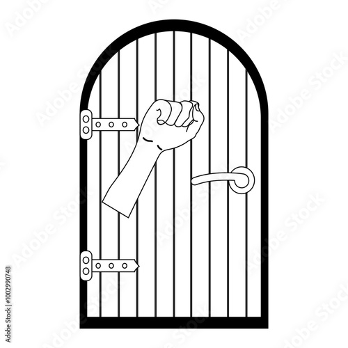 Person hand knocking on door illustration, coloring book in black and white. Please knock icon, Please knock the door