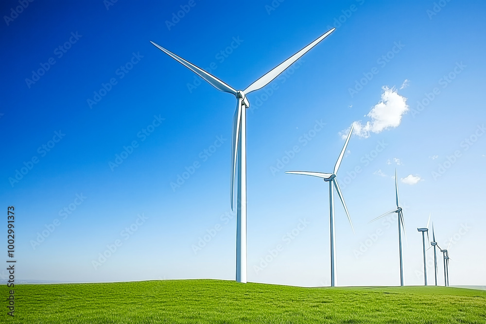 Serene scene of wind turbines spinning gracefully in an open field, harnessing the power of the wind to generate clean energy Serene scene of wind turbines spinning gracefully in an open field, harnessing the power of the wind to generate clean energy
