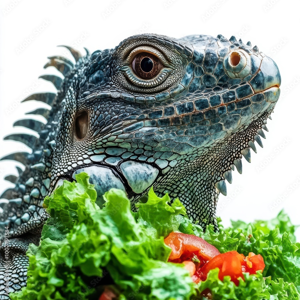 Fototapeta premium Close-up portrait of a green iguana eating lettuce and tomatoes