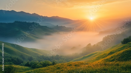 A serene sunrise over misty hills, showcasing nature's beauty and tranquility.