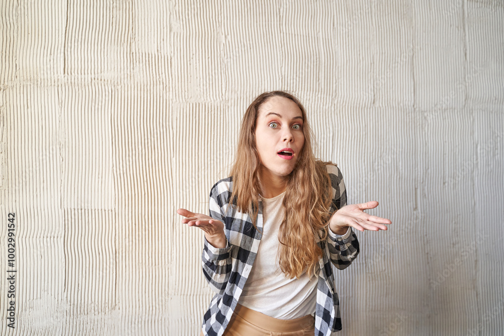 Obraz premium Confused woman shrugging against textured wall - expressions of uncertainty and curiosity in casual checkered shirt scene.