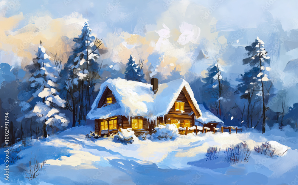 Serene snowy landscape with pine trees laden with snow and a cozy cabin nestled among them Serene snowy landscape with pine trees laden with snow and a cozy cabin nestled among them