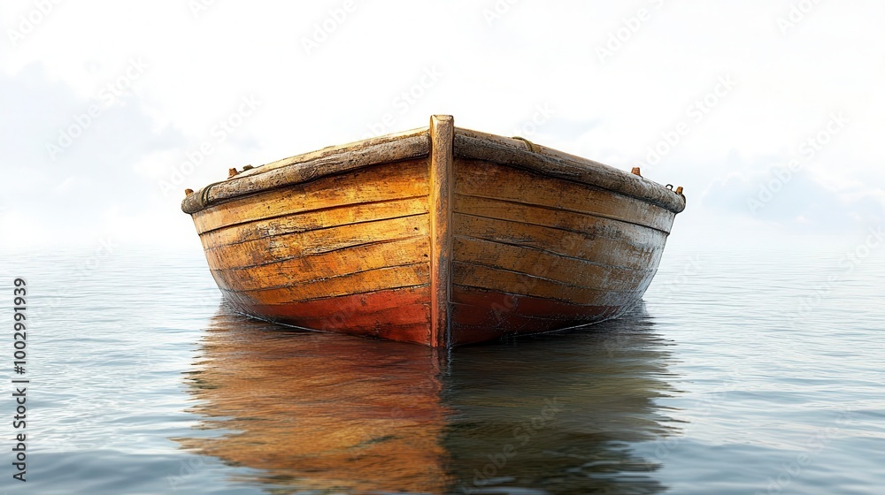 A weathered wooden rowboat sits still in the water