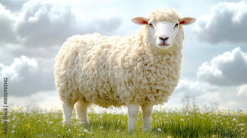 Fototapeta premium A sheep stands in a field of wildflowers gazing into the distance