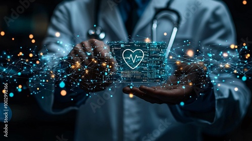 The doctor holds a virtual health symbol while interacting with an electronic medical record, with network connections visible in the background photo