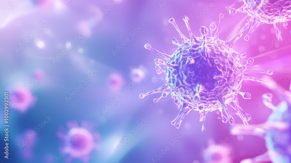 microscopic view of a virus in an organic body, with a purple and blue color scheme microscopic view of a virus in an organic body, with a purple and blue color scheme
