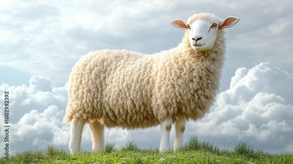 Obraz premium A fluffy white sheep stands in a grassy field with a cloudy sky behind it