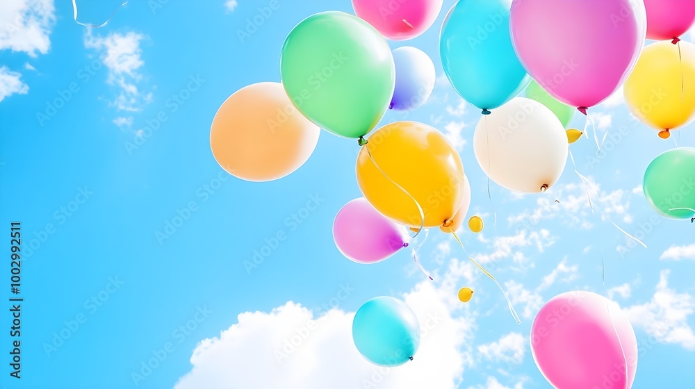 a bright blue sky with a few fluffy white clouds. In the foreground, there are several colorful balloons floating upwards. The balloons are in various colors, including green, pink, yellow, orange a bright blue sky with a few fluffy white clouds. In the foreground, there are several colorful balloons floating upwards. The balloons are in various colors, including green, pink, yellow, orange