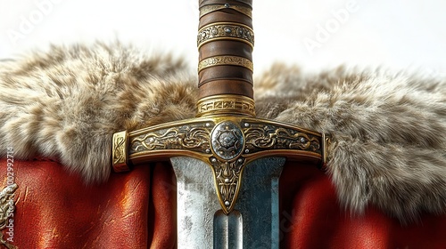 Ornate sword with leather and fur scabbard photo