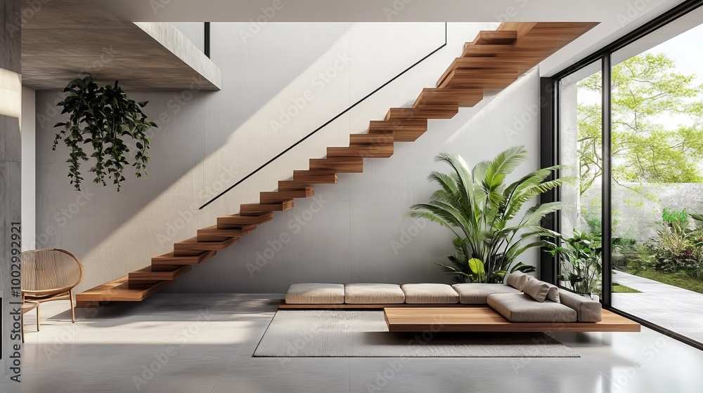 Fototapeta premium Modern minimalist living room with wooden staircase, indoor plants, large windows, cozy sofa, natural light, interior design concept, showroom website