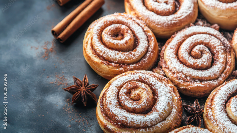 Cinnamon rolls dusted with powdered sugar surrounded by cinnamon sticks and star anise Cinnamon rolls dusted with powdered sugar surrounded by cinnamon sticks and star anise
