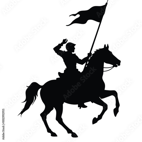 a black silhouette of a person riding a horse. The person is holding a flag with a pole and appears to be in the middle of a battle