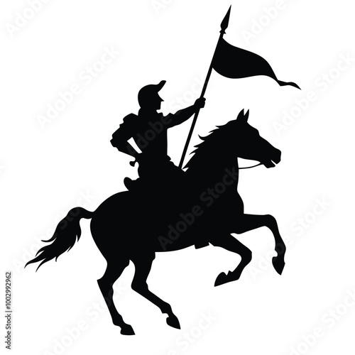 a black silhouette of a person riding a horse. The person is holding a flag with a pole and appears to be in the middle of a battle