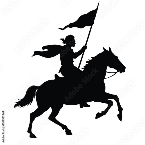 a black silhouette of a person riding a horse. The person is holding a flag with a pole and appears to be in the middle of a battle