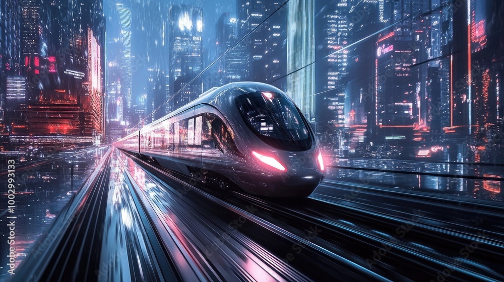 Futuristic Train in a Neon Cityscape at Night