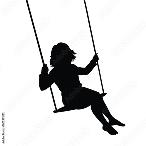 a black silhouette of a person sitting on a swing. The person is facing away from the viewer and their body is angled towards the left side of the image 