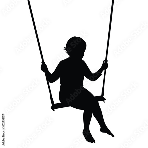 a black silhouette of a person sitting on a swing. The person is facing away from the viewer and their body is angled towards the left side of the image 