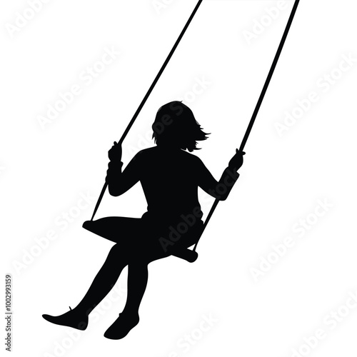 a black silhouette of a person sitting on a swing. The person is facing away from the viewer and their body is angled towards the left side of the image 
