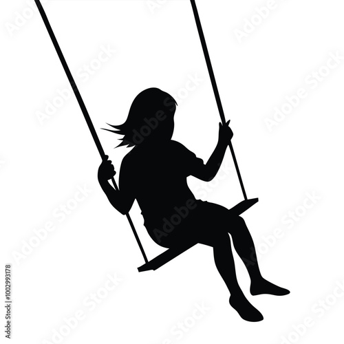 a black silhouette of a person sitting on a swing. The person is facing away from the viewer and their body is angled towards the left side of the image 