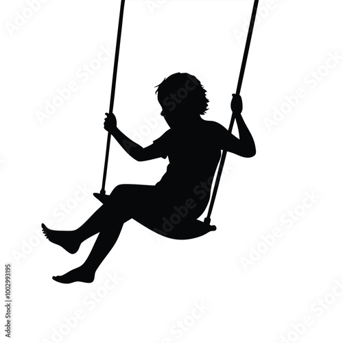 a black silhouette of a person sitting on a swing. The person is facing away from the viewer and their body is angled towards the left side of the image 