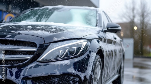 A car being washed with soap, with the background of a car wash shop, wet and shiny.