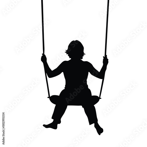 a black silhouette of a person sitting on a swing. The person is facing away from the viewer and their body is angled towards the left side of the image 