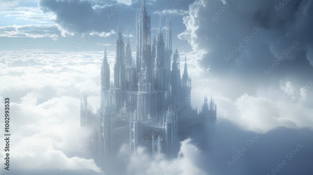 Fototapeta premium Enchanted Castle in the Clouds: Mythical fortress surrounded by ethereal light and wonderous atmosphere