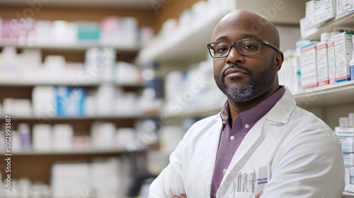 Professional pharmacist in white coat, confidently standing in pharmacy, surrounded by medicinal products, healthcare concept photo